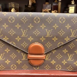 Louis Vuitton Brown and Gold Monogram Envelope Clutch with Unbranded Gold Chain